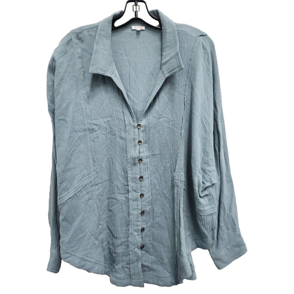 En Creme Womens BOHO Top Large‎ Blue Button Front Long Sleeve Lagenlook Casual